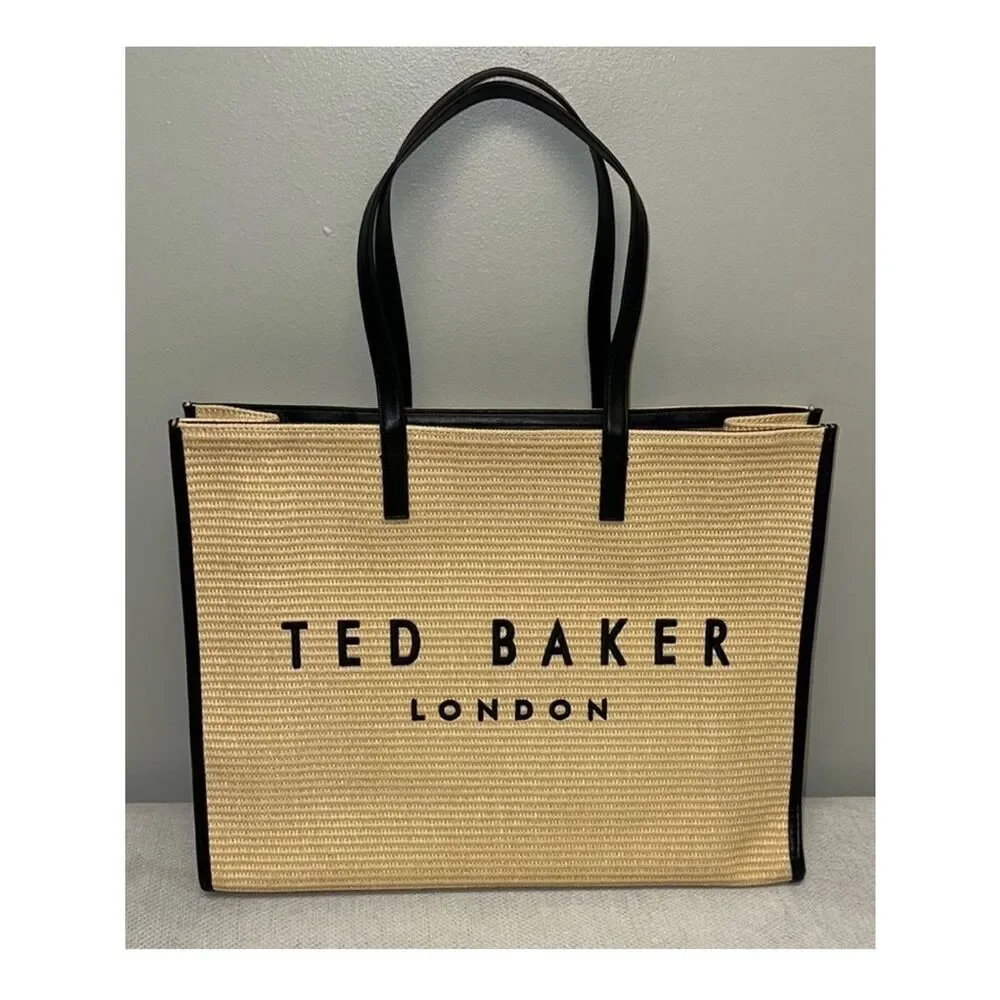 TED BAKER The Icon Palmer Tote Ivory Straw Black Faux Leather Embroidered Logo